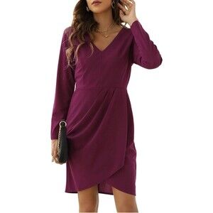 Woman's Midi Dress Bodycon Long Sleeve V-Neck Wrap Dress (353)